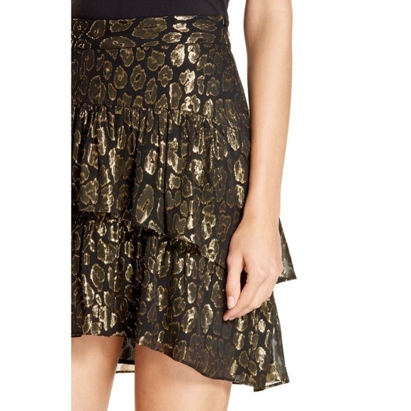 ALICE + OLIVIA Silk Metallic Shimmer Leopard Jacquard Ruffle Tier Mini Skirt 0 - Picture 7 of 9